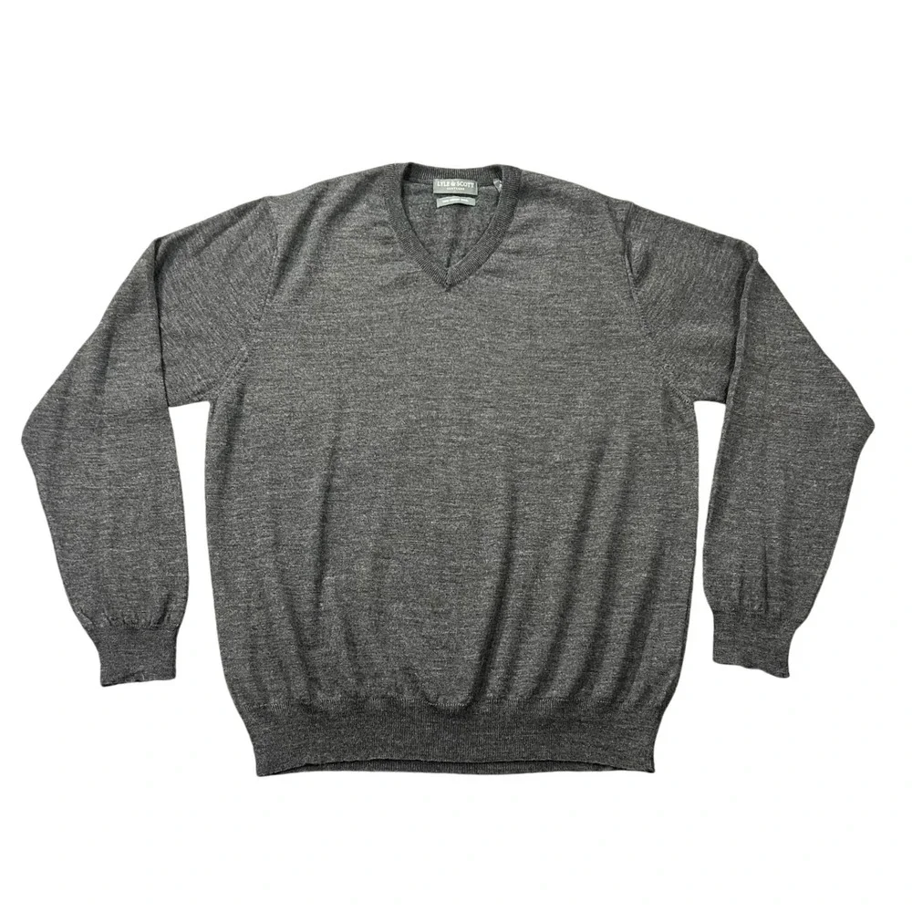 Lyle Scott Scotland‎ Men's Large V-Neck 100% Merino Wool Sweater Dark Grey